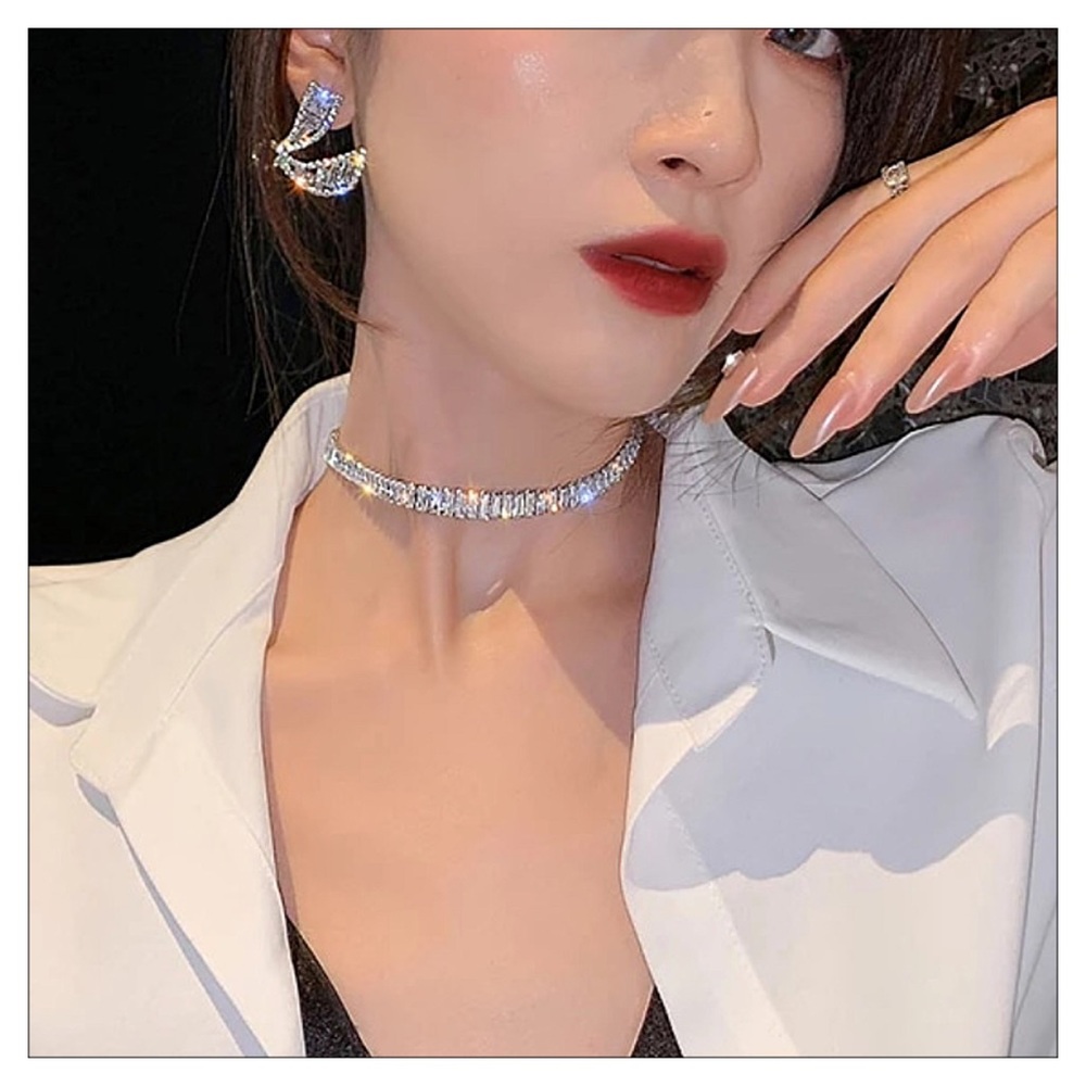 NEW Silver Inlaid Zircon Shimmering Sparkle Shiny Choker Necklace - Picture 3 of 7